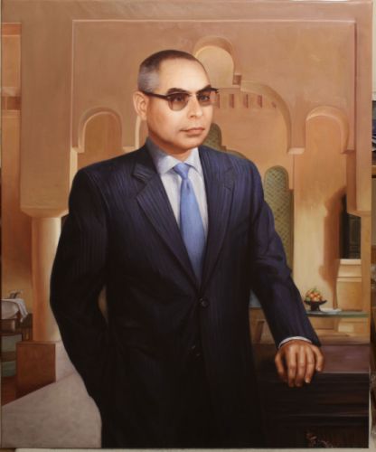 Portrait d’homme avec décor ajouté, peinture sur toile