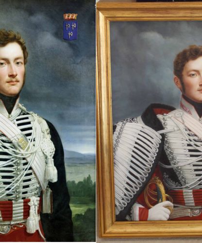 Copie de tableau ancien avec comparaison portrait original et reproduction