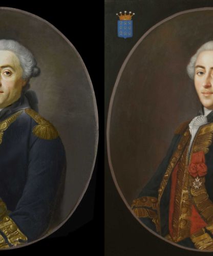 Portrait ovale peint avec encadrement et blason familial