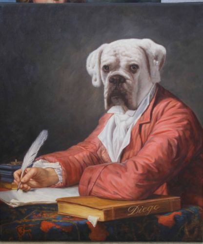 Tableau de chien en buste style ancien, peinture à l’huile