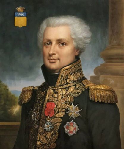 Portrait ancien peint sur toile avec blason familial