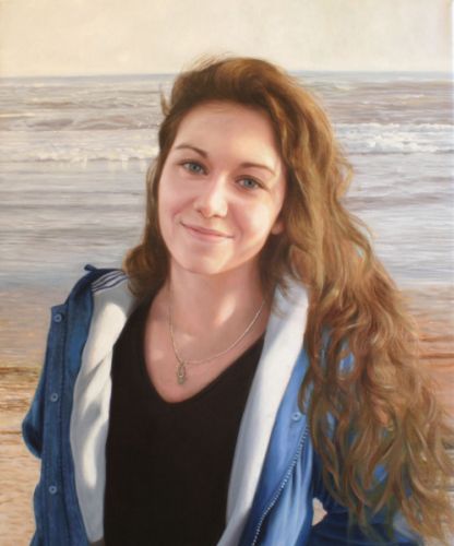 Portrait très réaliste d'une femme en peinture d'après image de vacances