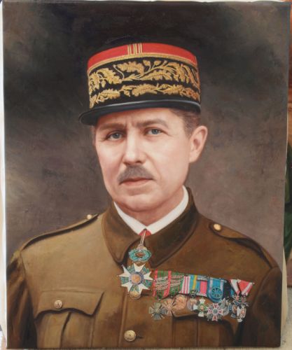 Portrait ancien d’officier militaire peint avec médailles